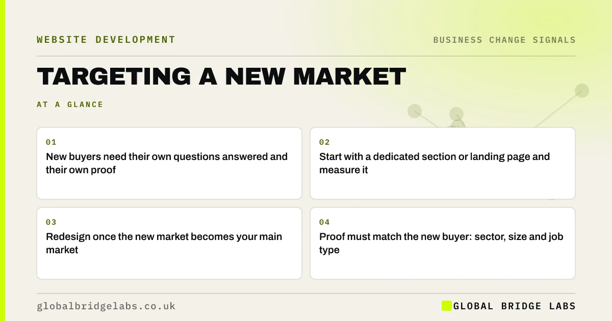 Website for new target market: key takeaways infographic by Global Bridge Labs