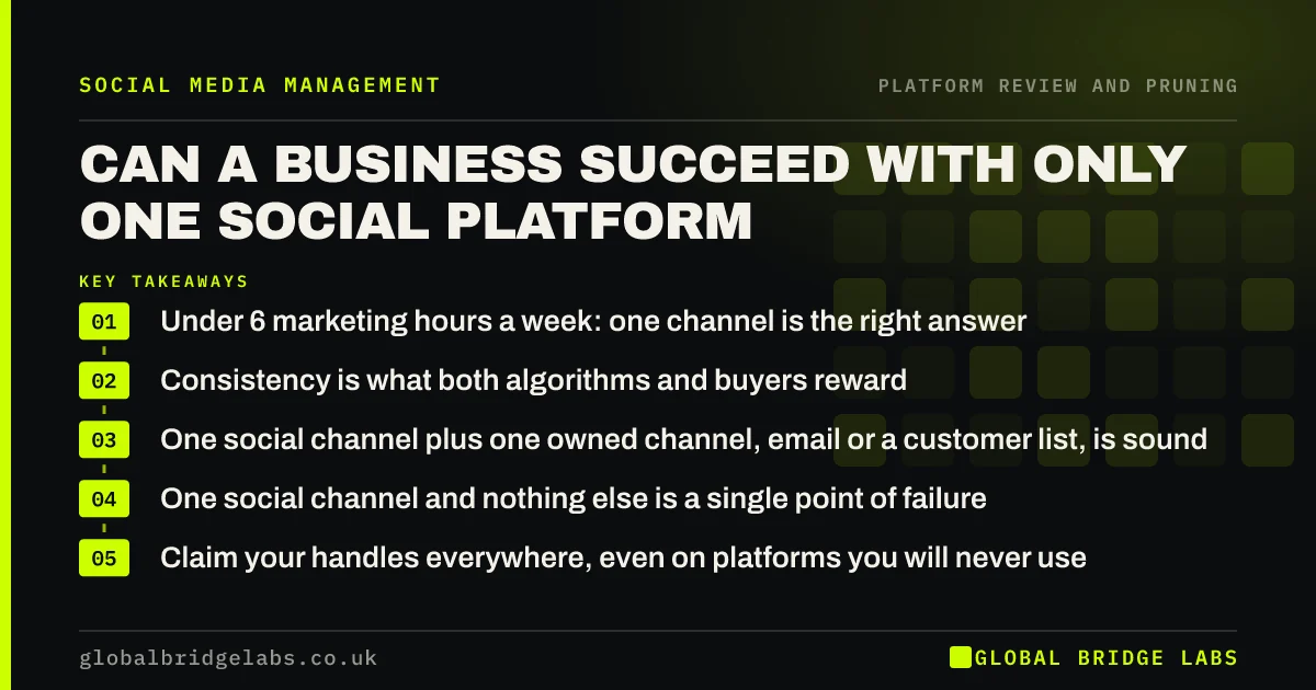 Using only one social media platform: key takeaways infographic by Global Bridge Labs