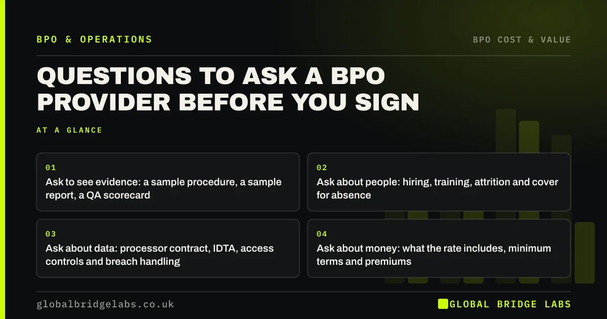 Questions to ask a BPO provider: key takeaways infographic by Global Bridge Labs
