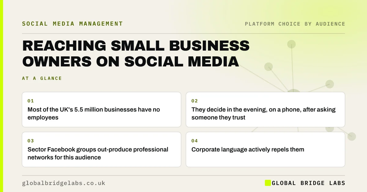 Reaching small business owners on social media: key takeaways infographic by Global Bridge Labs