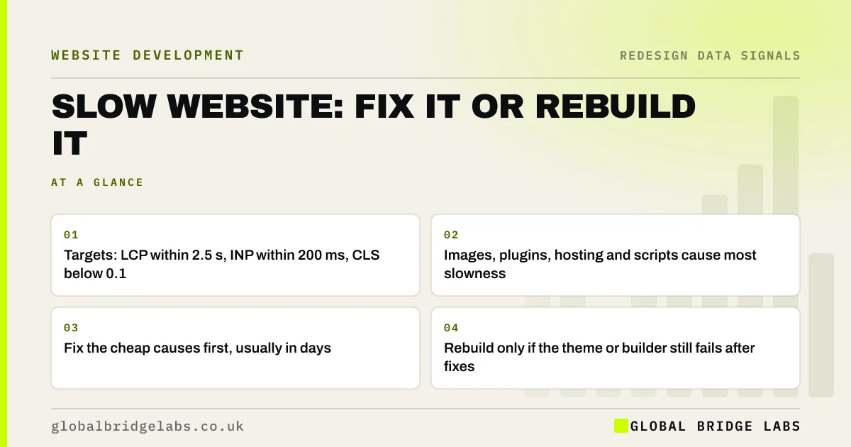 Slow website fix or rebuild: key takeaways infographic by Global Bridge Labs