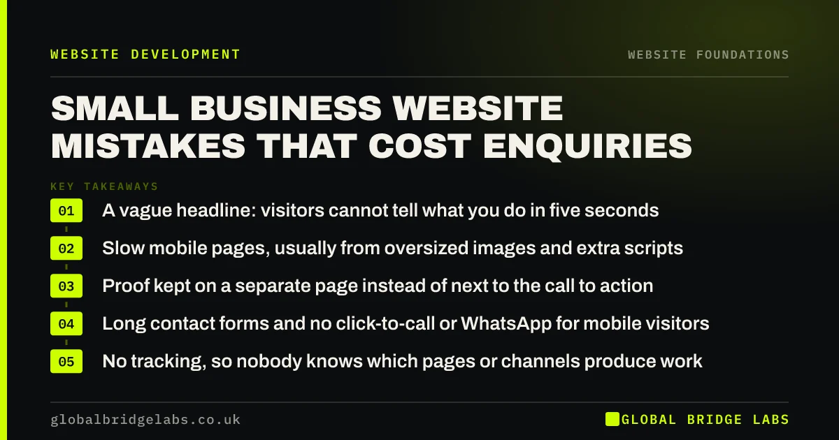 Small business website mistakes: key takeaways infographic by Global Bridge Labs