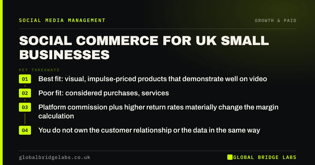 Social commerce UK small business: key takeaways infographic by Global Bridge Labs