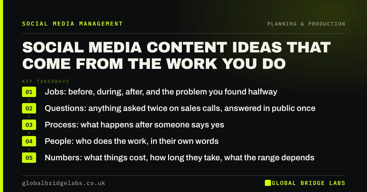 Social media content ideas for small business: key takeaways infographic by Global Bridge Labs