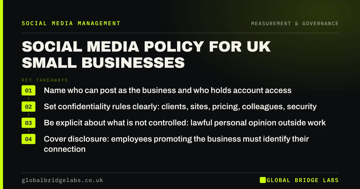 Social media policy for small business UK: key takeaways infographic by Global Bridge Labs