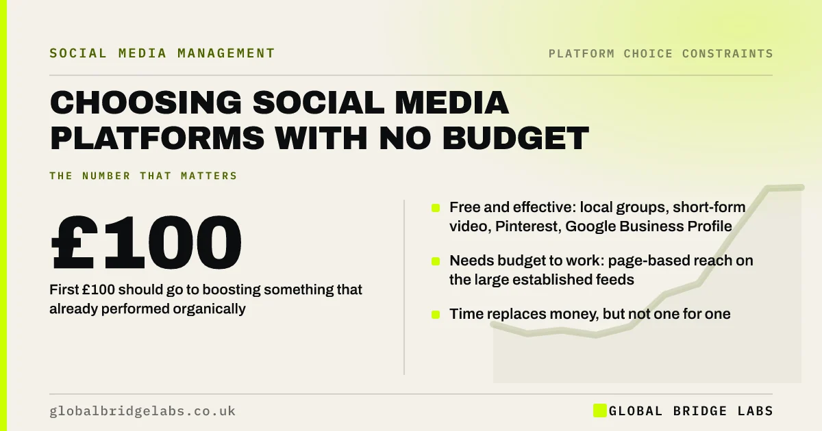 Social media platforms with no budget: key takeaways infographic by Global Bridge Labs