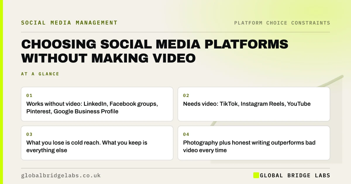 Social media without video: key takeaways infographic by Global Bridge Labs