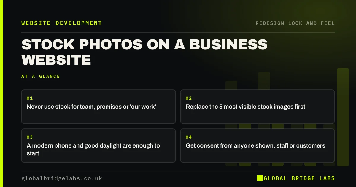 Stock photos on business website: key takeaways infographic by Global Bridge Labs