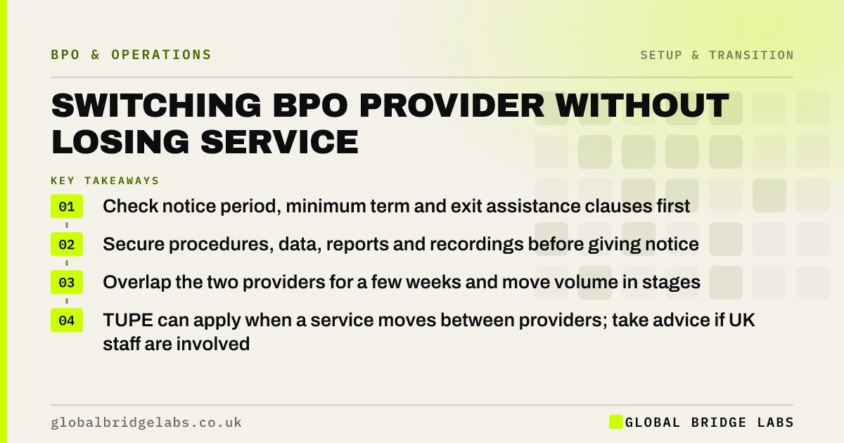 Switching BPO provider: key takeaways infographic by Global Bridge Labs