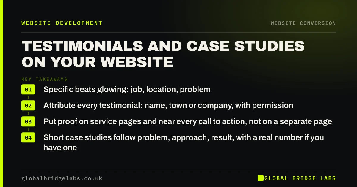 Testimonials and case studies on website: key takeaways infographic by Global Bridge Labs