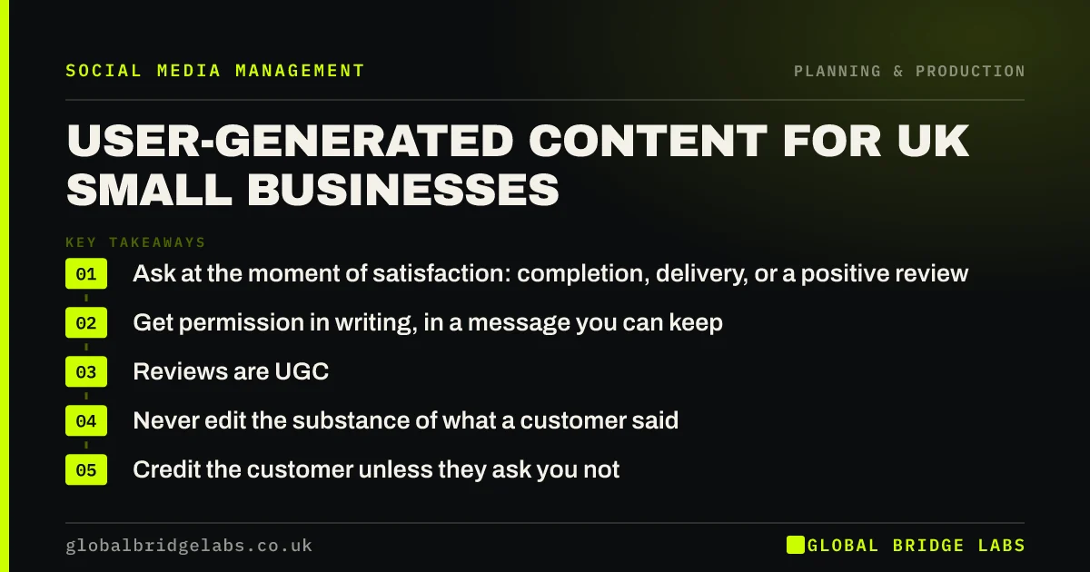 User generated content for small business: key takeaways infographic by Global Bridge Labs