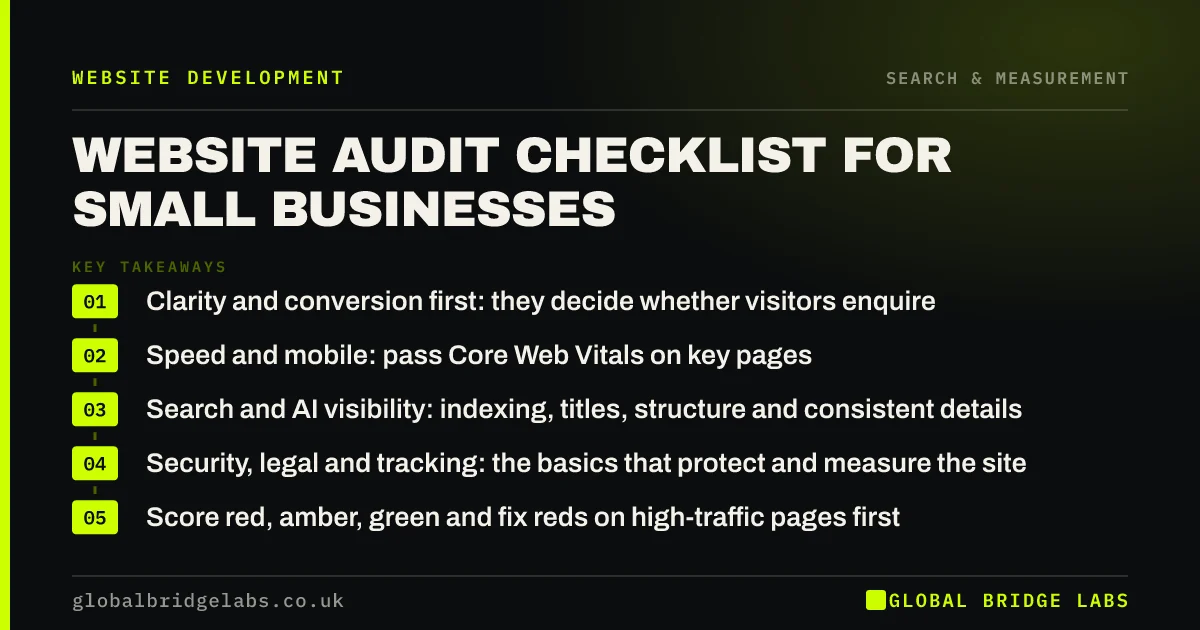 Website audit checklist: key takeaways infographic by Global Bridge Labs