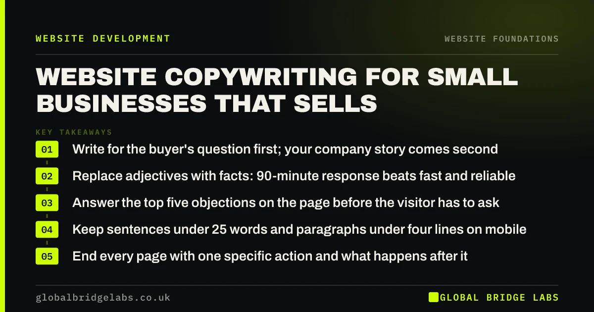 Website copywriting for small business: key takeaways infographic by Global Bridge Labs