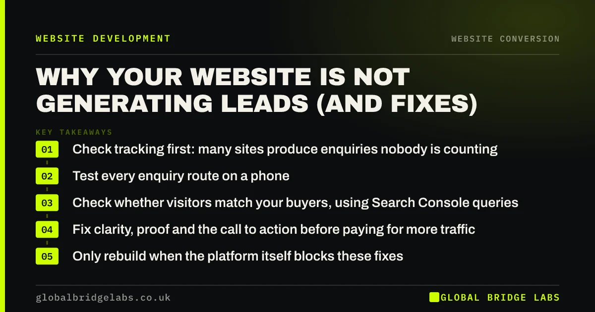 Website not generating leads: key takeaways infographic by Global Bridge Labs