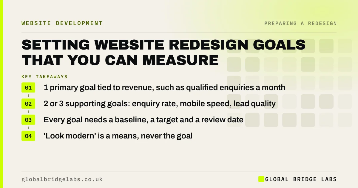Website redesign goals: key takeaways infographic by Global Bridge Labs