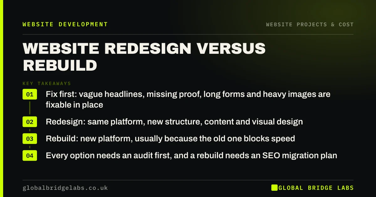 Website redesign vs rebuild: key takeaways infographic by Global Bridge Labs