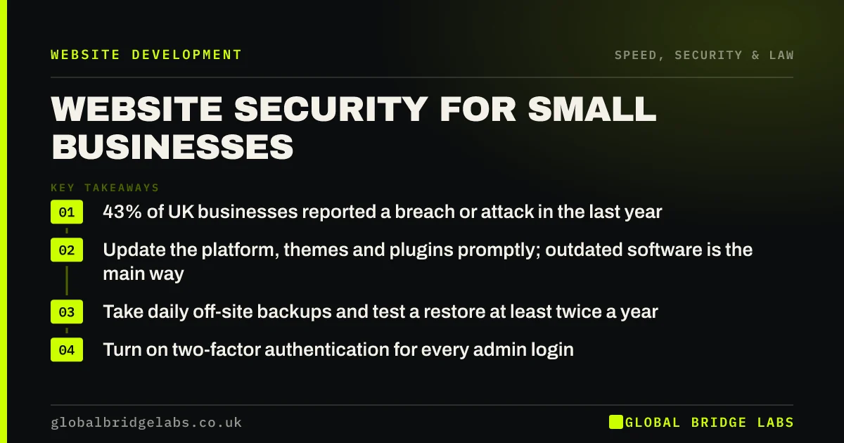 Website security for small business: key takeaways infographic by Global Bridge Labs