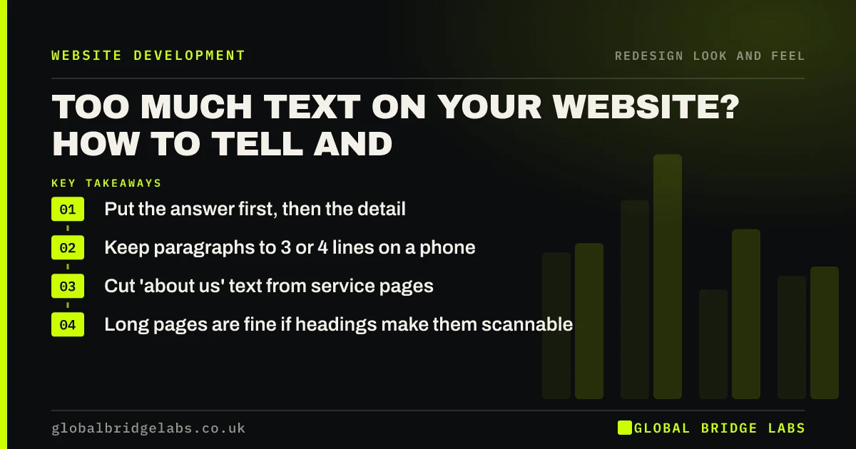 Too much text on website: key takeaways infographic by Global Bridge Labs