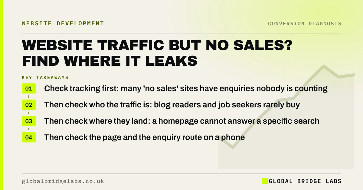 Website traffic but no sales: key takeaways infographic by Global Bridge Labs