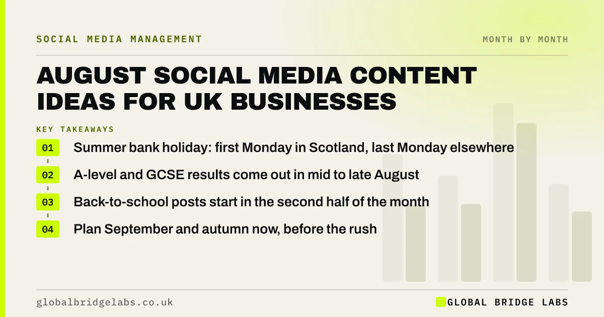August social media content ideas: key takeaways infographic by Global Bridge Labs