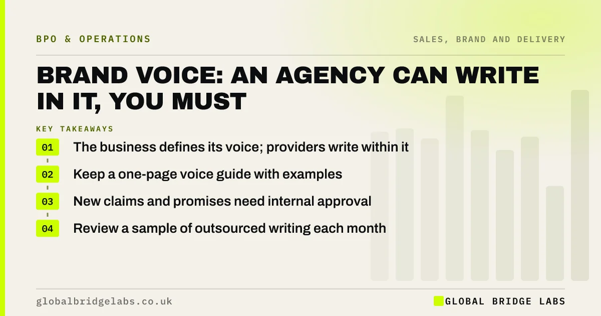 Brand voice ownership: key takeaways infographic by Global Bridge Labs