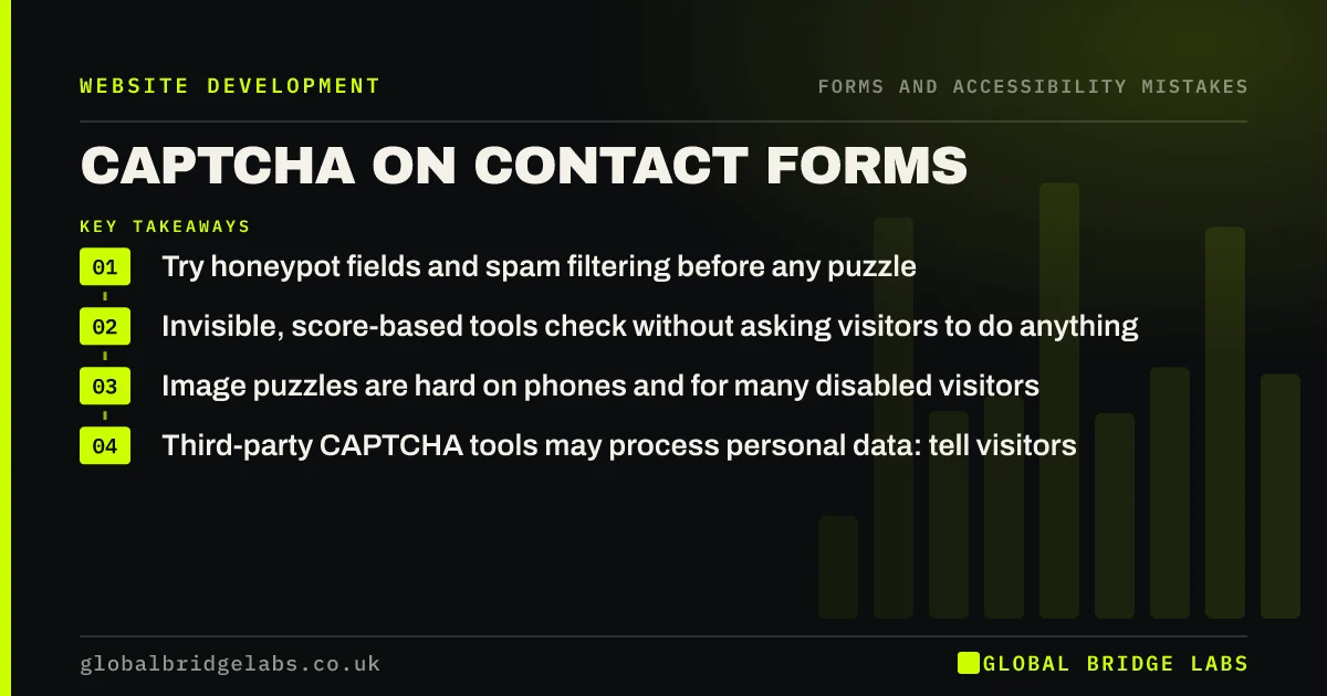 Captcha on contact form: key takeaways infographic by Global Bridge Labs