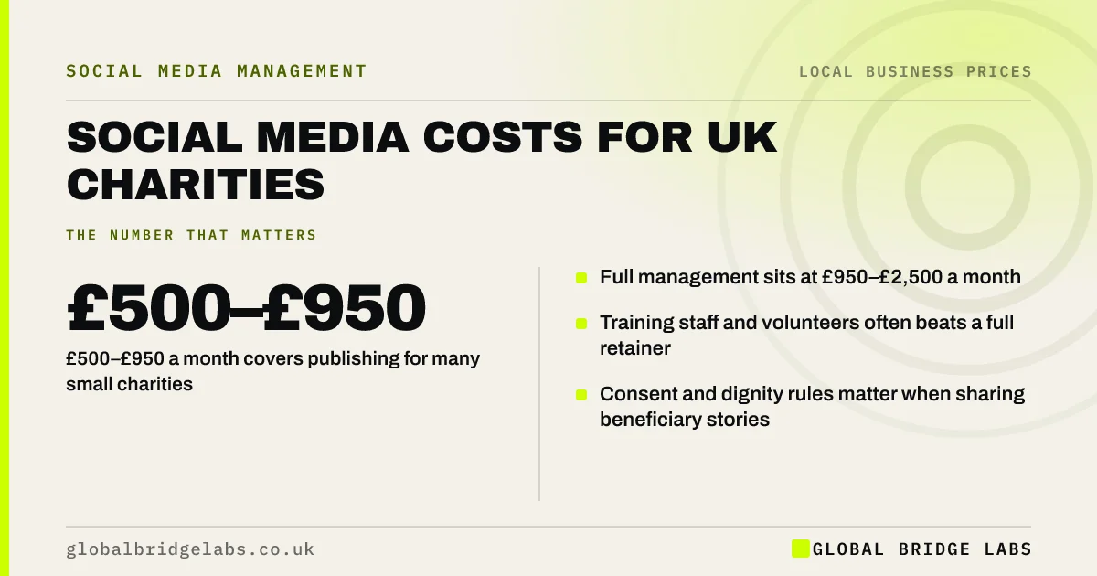 Charity social media agency cost: key takeaways infographic by Global Bridge Labs