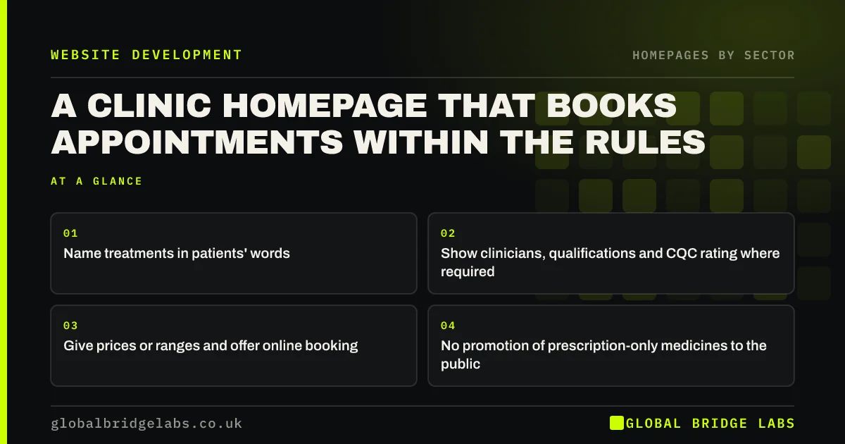 Clinic website homepage: key takeaways infographic by Global Bridge Labs