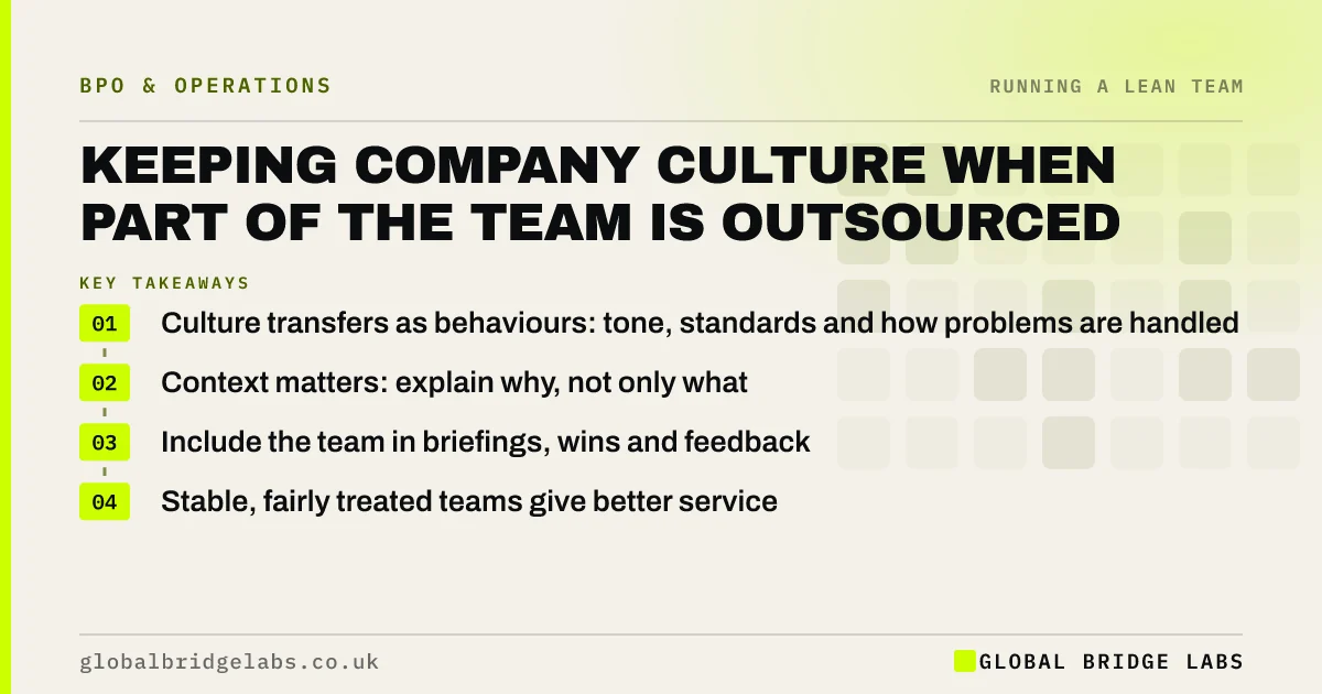 Company culture outsourced team: key takeaways infographic by Global Bridge Labs