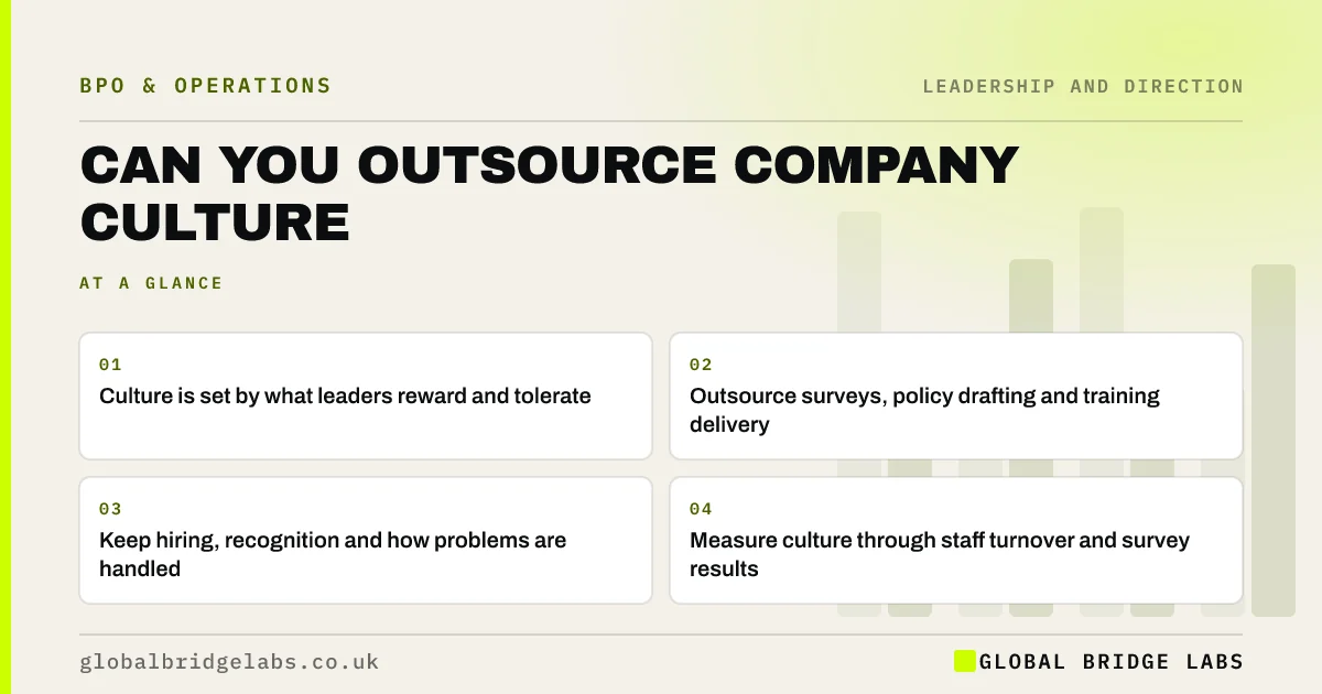 Can you outsource company culture: key takeaways infographic by Global Bridge Labs