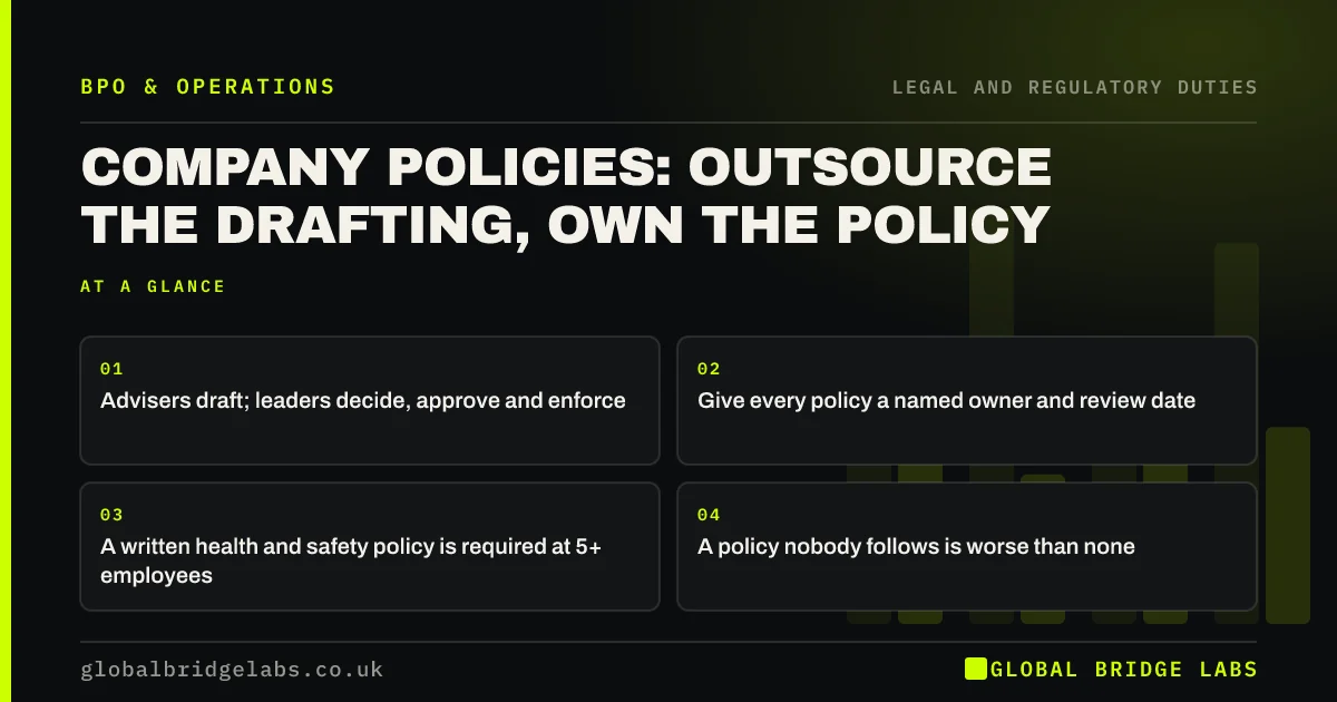 Who should write company policies: key takeaways infographic by Global Bridge Labs