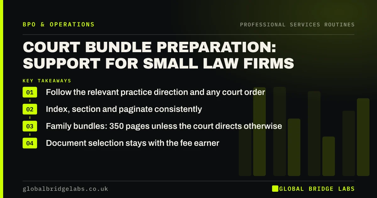 Court bundle preparation: key takeaways infographic by Global Bridge Labs