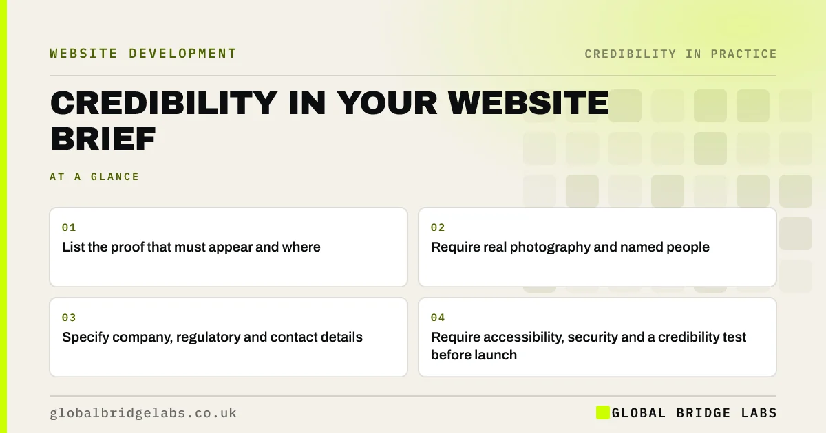 Credibility in website brief: key takeaways infographic by Global Bridge Labs