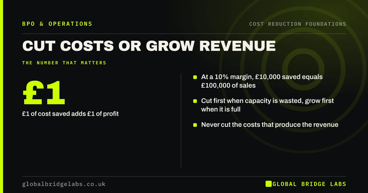 Cut costs or grow revenue: key takeaways infographic by Global Bridge Labs
