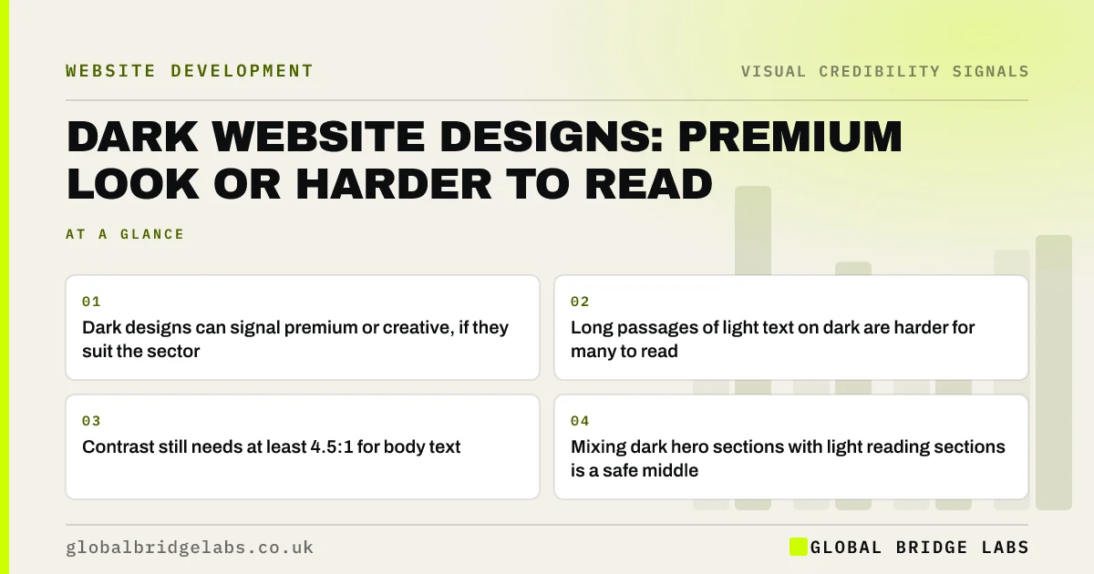 Dark background website for business: key takeaways infographic by Global Bridge Labs