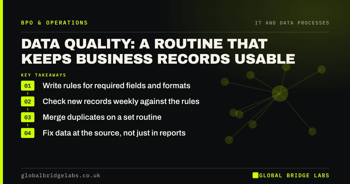 Data quality process: key takeaways infographic by Global Bridge Labs