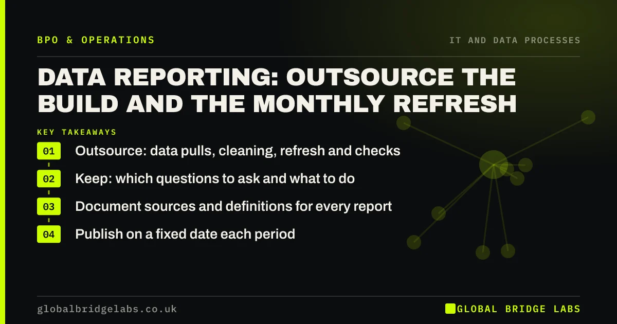 Data reporting outsourcing: key takeaways infographic by Global Bridge Labs
