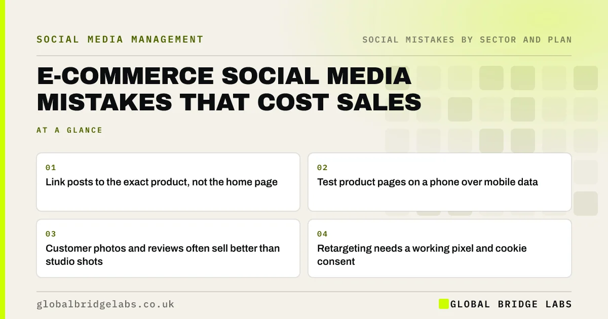 Ecommerce social media mistakes: key takeaways infographic by Global Bridge Labs