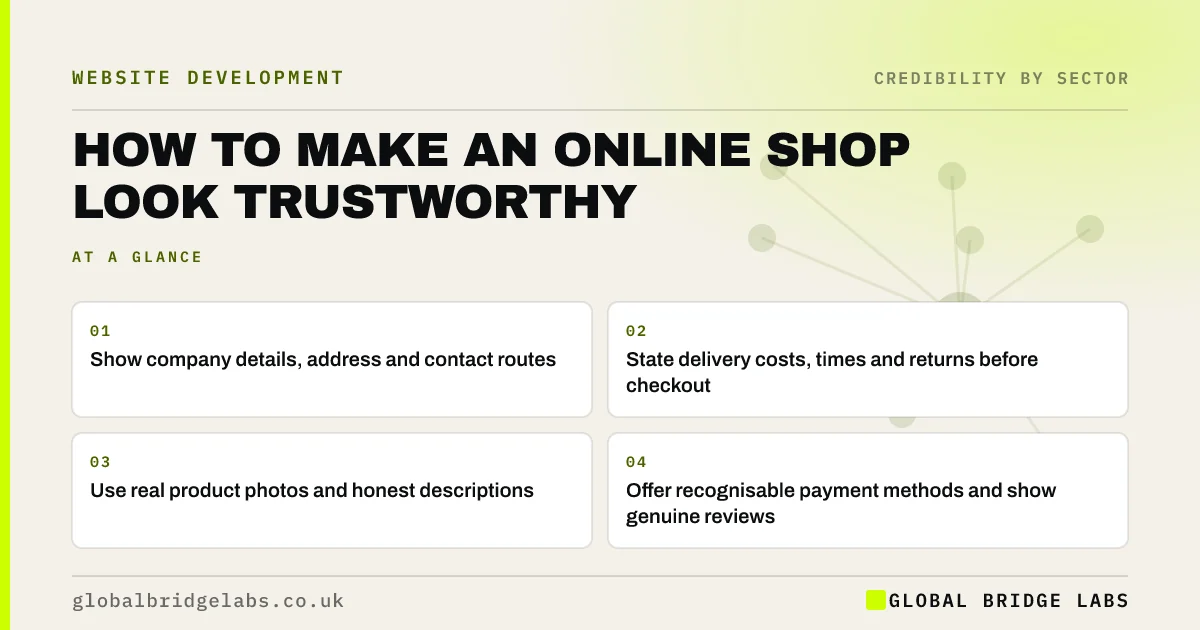 How to make an online shop trustworthy: key takeaways infographic by Global Bridge Labs