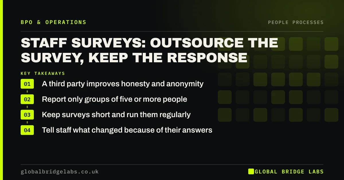 Employee survey outsourcing: key takeaways infographic by Global Bridge Labs