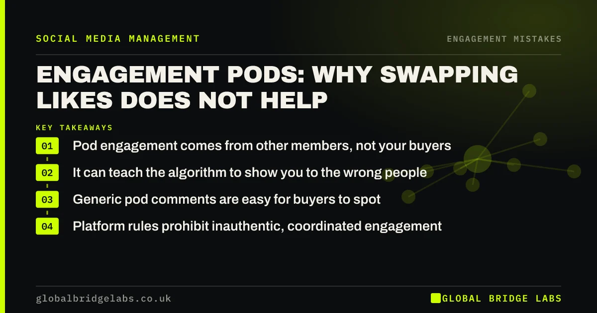 Engagement pods: key takeaways infographic by Global Bridge Labs