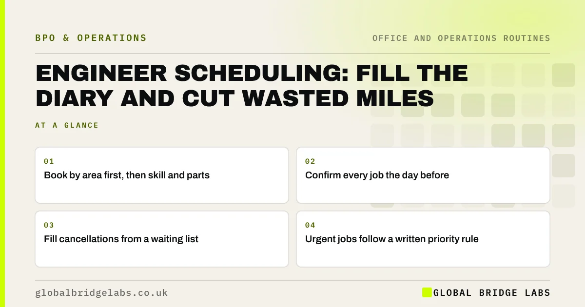 Field service scheduling: key takeaways infographic by Global Bridge Labs