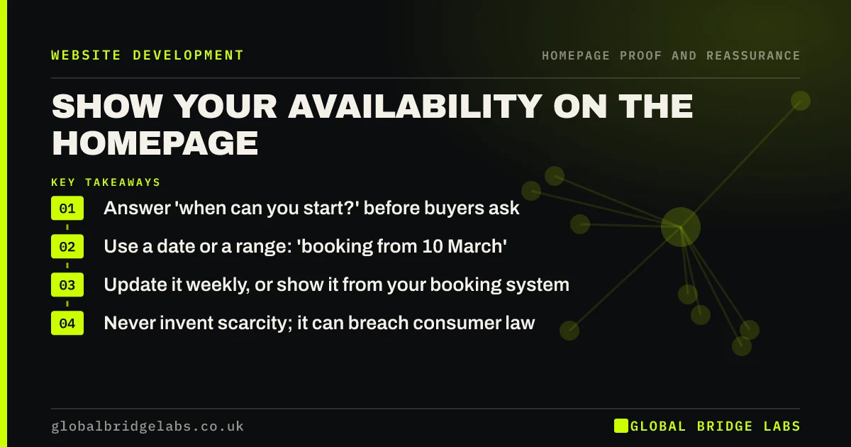 Show availability on website: key takeaways infographic by Global Bridge Labs