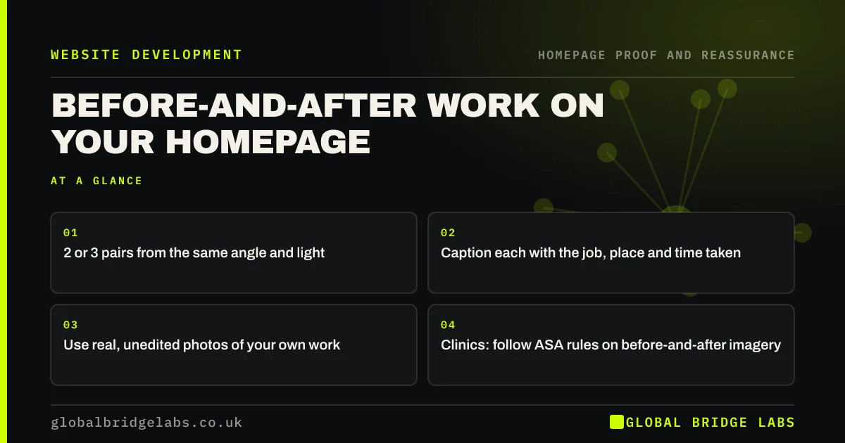 Before and after section homepage: key takeaways infographic by Global Bridge Labs