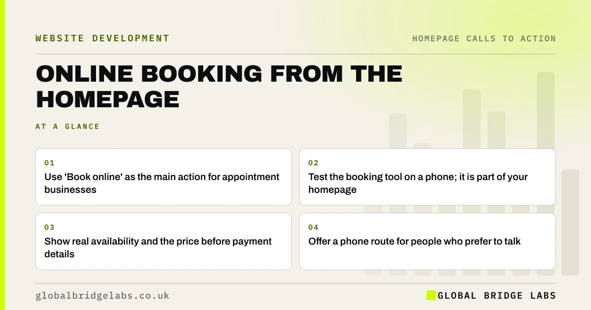Book online button homepage: key takeaways infographic by Global Bridge Labs