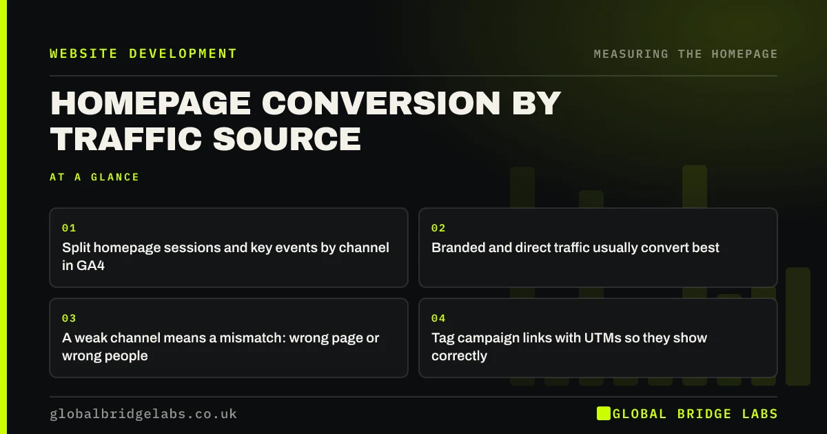 Homepage conversion by traffic source: key takeaways infographic by Global Bridge Labs
