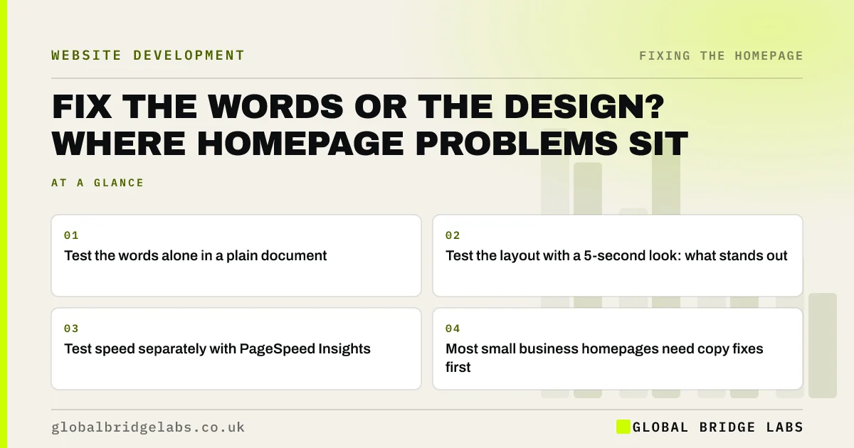 Homepage copy or design problem: key takeaways infographic by Global Bridge Labs