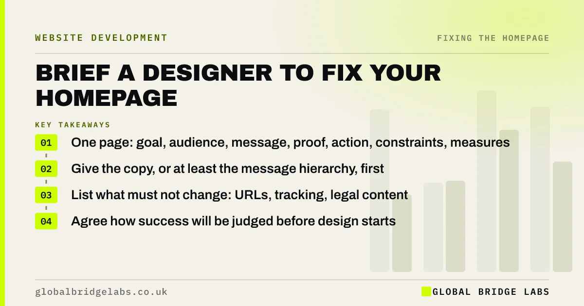 Homepage design brief: key takeaways infographic by Global Bridge Labs