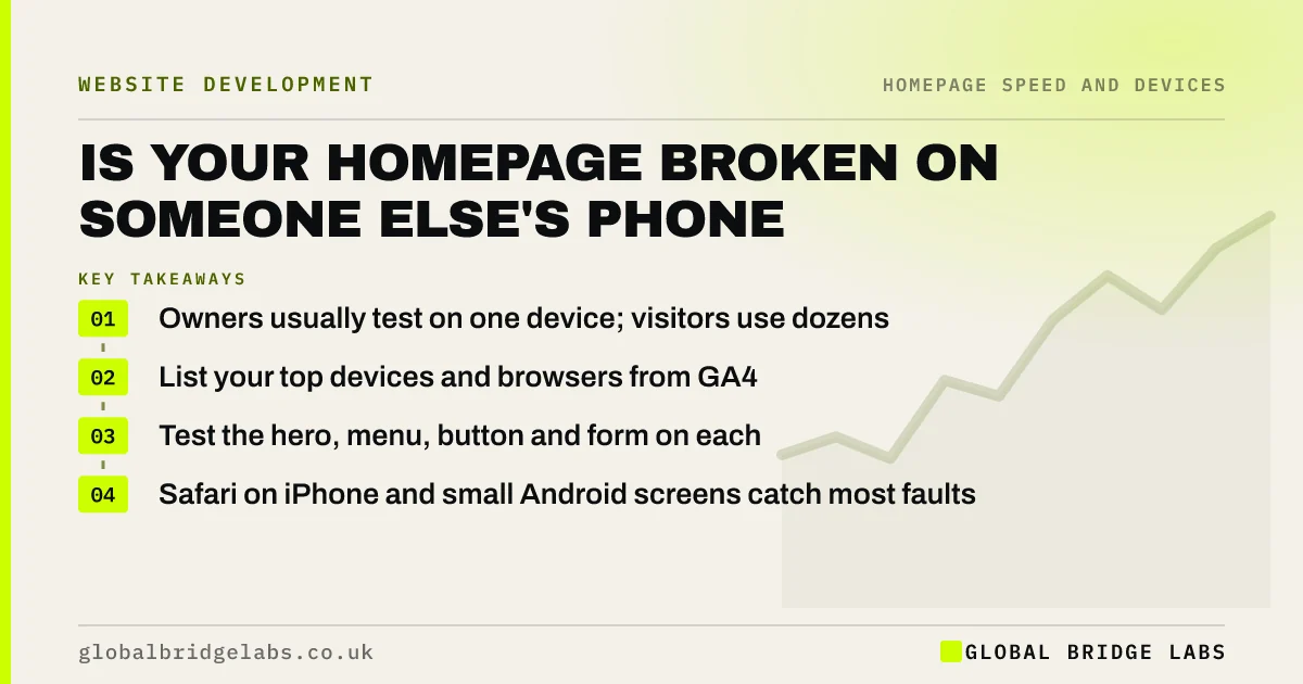 Homepage broken on iPhone: key takeaways infographic by Global Bridge Labs