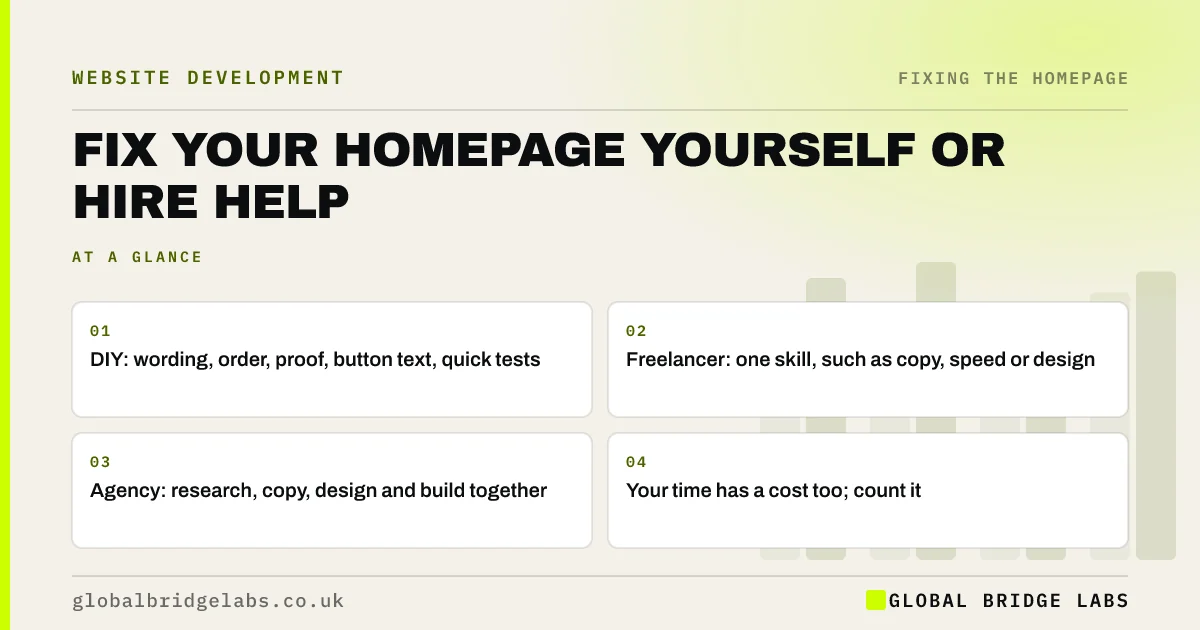 DIY homepage vs agency: key takeaways infographic by Global Bridge Labs